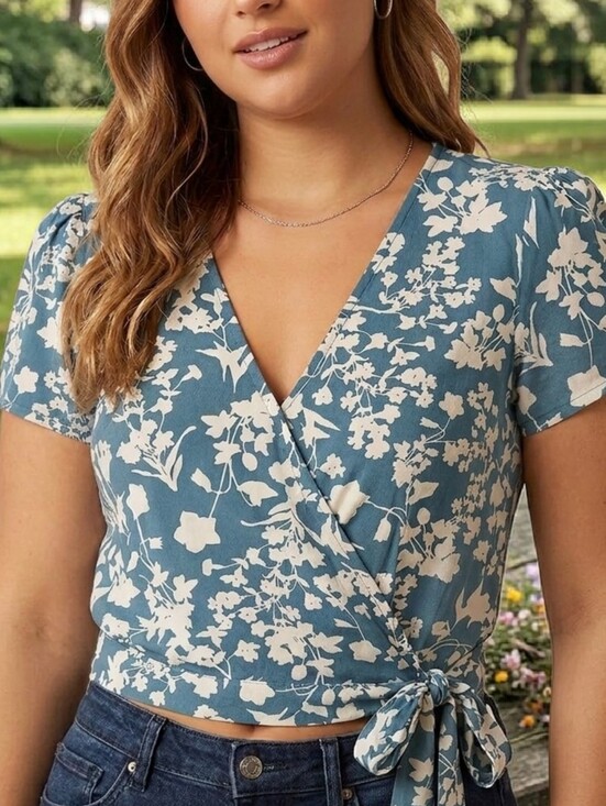George Tops - George Teal Floral Wrap Short-Sleeve Blouse
